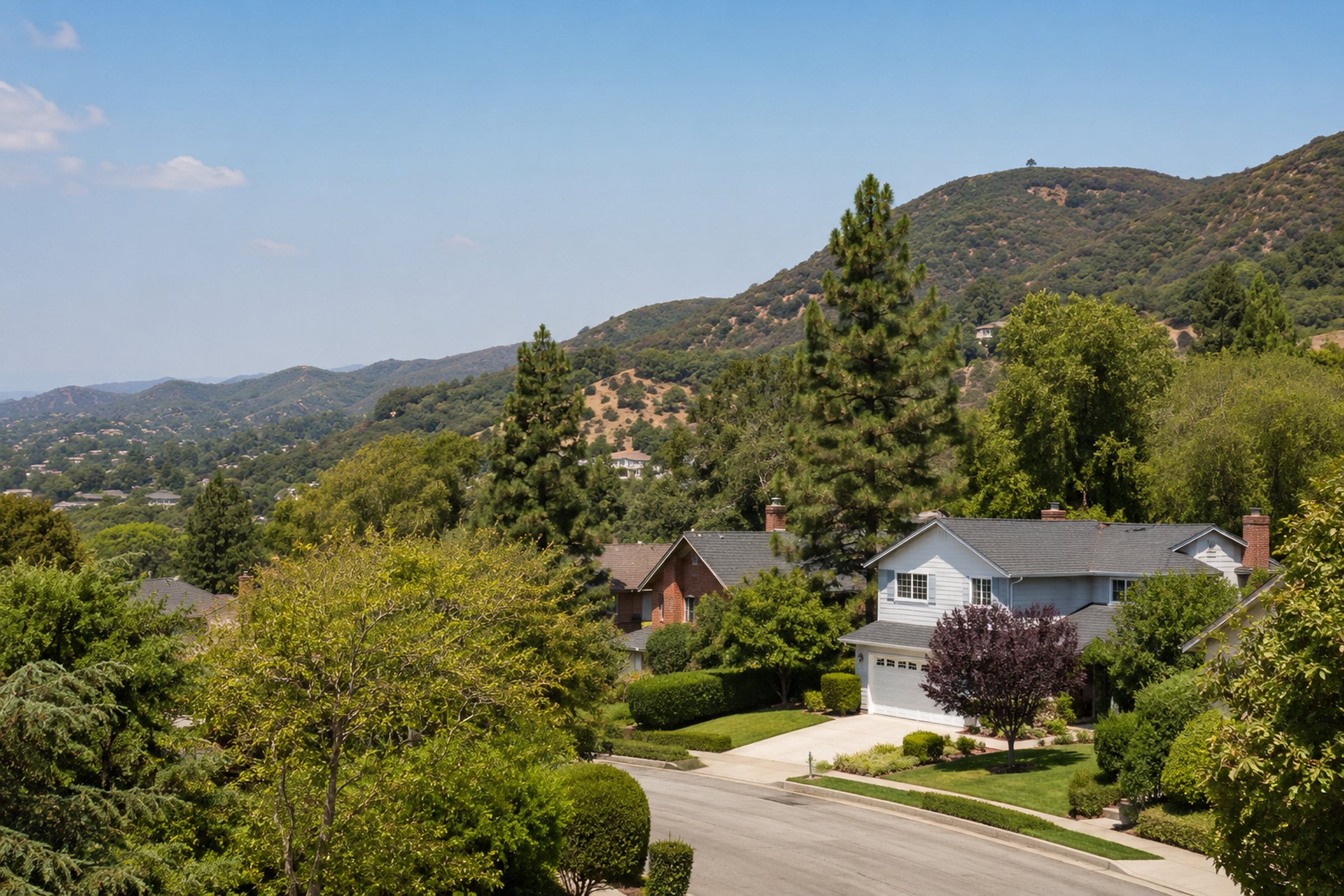 Tree-lined residential neighborhood and foothills in Los Angeles County